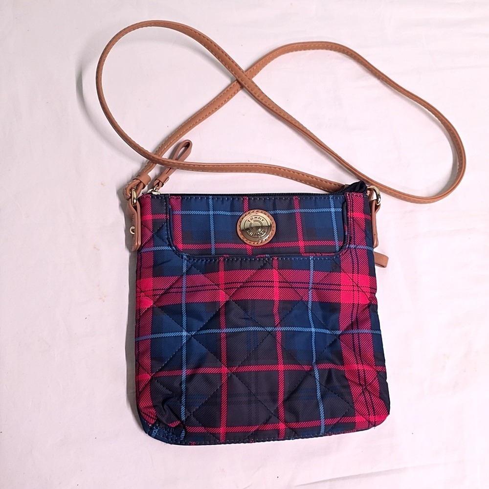 Tommy Hilfiger Crossbody Bag Womens Small Navy Pink Plaid Quilted Nylon